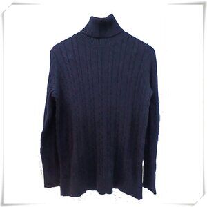 Lands' End Dark Blue Navy Warm Cable Knit Cotton Wool Turtleneck Long Sweater